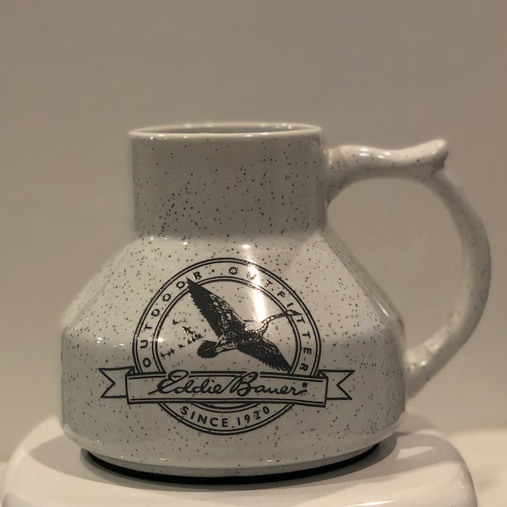 Vintage 1989 Eddie Bauer White Speckled 24 oz Ceramic Mug with Black Logo